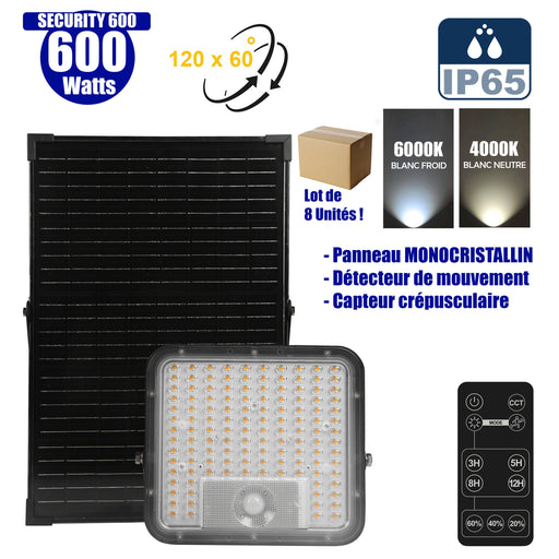 Lot de 8x Projecteurs LED solaires - Série SECURITY V1 - 600 Watts - 9600 Lumens - Angle 120*60° - IP65 - Lampe 26 x 25 x 6 cm - Panneau solaire MONOCRISTALLIN 37 x 26 x 2 cm - Avec détecteur de mouvement - Télécommande - 4000k/6000k
