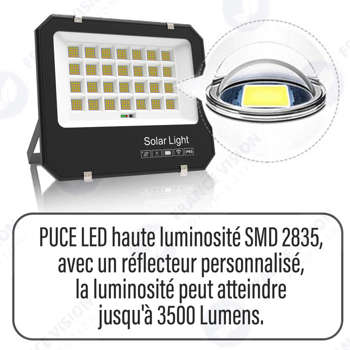 Projecteur LED solaire  Série AJUST V3 - CCT (Couleur Changeante en Température ) - Rendu lumineux 600 Watts - 3500 Lumens - 90° - IP65 - Projecteur 36 x 30 x 5 cm - Panneau MONOCRISTALLIN 39 x 36 x 2 cm - Avec télécommande - Avec capteur crépusculaire