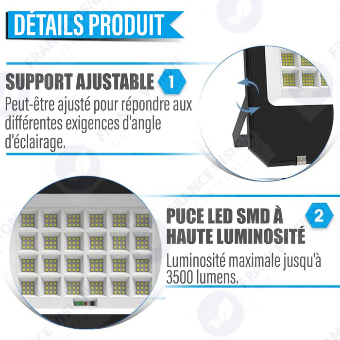 Projecteur LED solaire  Série AJUST V3 - CCT (Couleur Changeante en Température ) - Rendu lumineux 600 Watts - 3500 Lumens - 90° - IP65 - Projecteur 36 x 30 x 5 cm - Panneau MONOCRISTALLIN 39 x 36 x 2 cm - Avec télécommande - Avec capteur crépusculaire