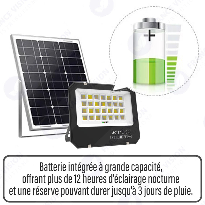 Projecteur LED solaire  Série AJUST V3 - CCT (Couleur Changeante en Température ) - Rendu lumineux 600 Watts - 3500 Lumens - 90° - IP65 - Projecteur 36 x 30 x 5 cm - Panneau MONOCRISTALLIN 39 x 36 x 2 cm - Avec télécommande - Avec capteur crépusculaire