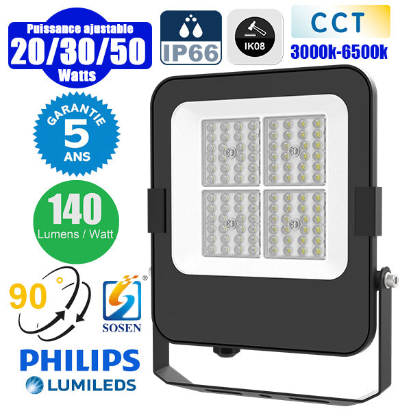 Projecteur LED filaire CCT (Couleur Changeante en Température) - Série CITY PLUS EVO V2 - Modèle 9 en 1 - Puissance ajustable 20 / 30 / 50 Watts - 140 Lumens/Watt - Angle 90° - 25 x 21 x 4 cm - IP66 - IK08 - Câble 1 mètre - Garantie 5 ans