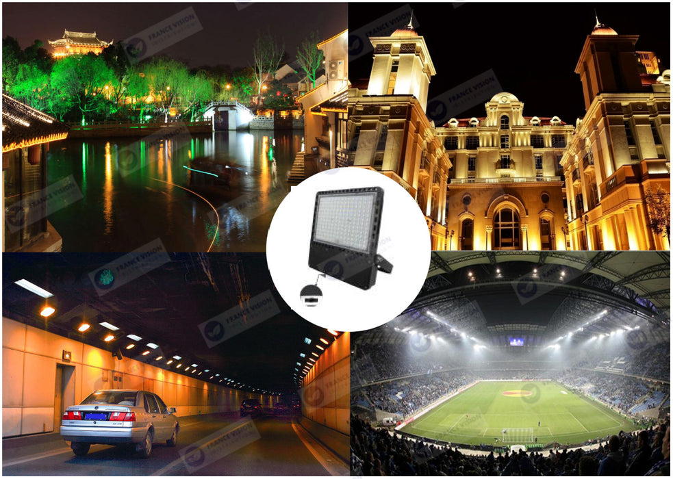 Lot de 4 Projecteurs LED filaires CCT - Série CITY PLUS ULTRA V2 - Puissance ajustable 200 / 300 / 400 Watts - Jusqu'à 68 000 Lumens - 170 Lumens/Watt - Angle 150*80° - IP66 - IK08 - 46 x 41 x 6 cm - Support ajustable 270° - Câble 50cm - Garantie 5 ans