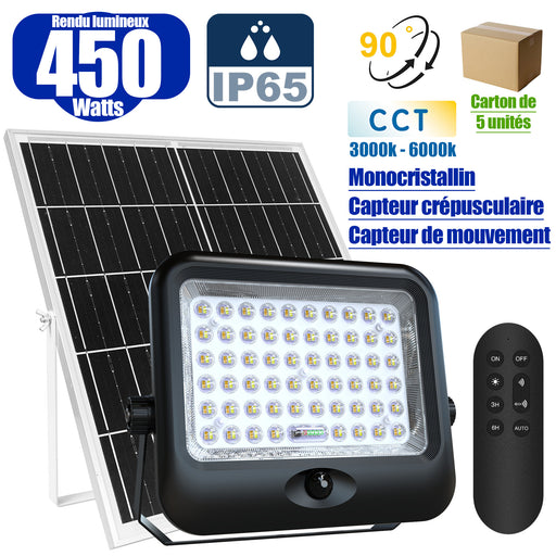 Lot de 5x Projecteurs LED solaires - Série SECURITY V4 - CCT - Rendu lumineux 450 Watts - 4800 Lumens - Angle 90° - IP65 - Lampe 28 x 22 x 5 cm - Panneau MONOCRISTALLIN FULL BLACK 35 x 35 x 2 cm - Avec détecteur de mouvement - Avec télécommande