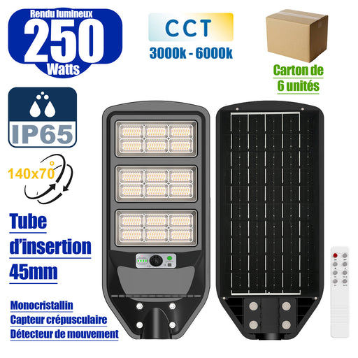 Lot de 6x Luminaires LED pour Candélabre / Lampe de rue et parking - Série VIEW V3 CCT (Couleur Changeante en Température) - 250 Watts - 2100 Lumens - Angle 140*70° - IP65 - Lampe 62 x 25 x 5 cm - Panneau MONOCRISTALLIN 51 x 23 cm - Détecteur de mouvement