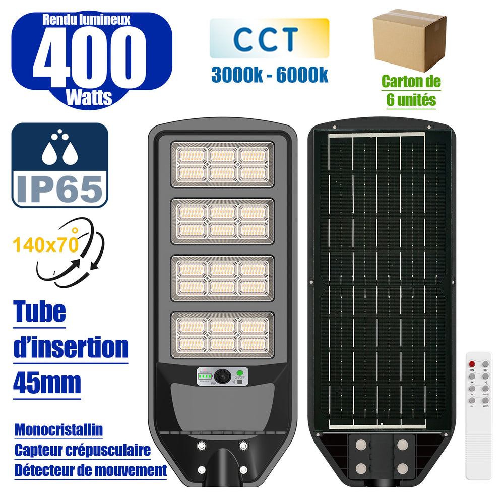 Lot de 6x Luminaires LED pour Candélabre / Lampe de rue et parking - Série VIEW V3 CCT (Couleur Changeante en Température) - 400 Watts - 2700 Lumens - Angle 140*70° - IP65 - Lampe 72 x 25 x 5 cm - Panneau MONOCRISTALLIN 61 x 23 cm - Détecteur de mouvement