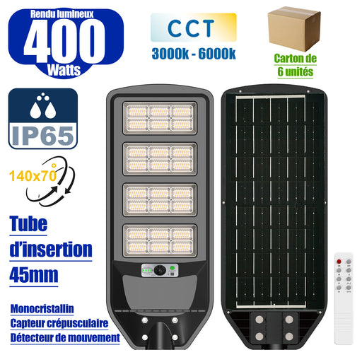 Lot de 6x Luminaires LED pour Candélabre / Lampe de rue et parking - Série VIEW V3 CCT (Couleur Changeante en Température) - 400 Watts - 2700 Lumens - Angle 140*70° - IP65 - Lampe 72 x 25 x 5 cm - Panneau MONOCRISTALLIN 61 x 23 cm - Détecteur de mouvement