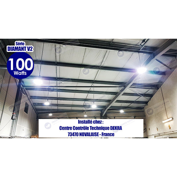 Lot de 10x Lampes industrielles Driverless - UFO - Série DIAMANT V2 - 200 Watts - 20 000 Lumens - 100 Lumens/Watt - Angle 90° - IP65 - 260 x 34 cm - 4500k - Protection à l'impact IK08 - Câble 30cm