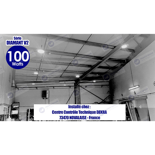 Lot de 10x Lampes industrielles Driverless - UFO - Série DIAMANT V2 - 150 Watts - 15 000 Lumens - 100 Lumens/Watt - Angle 90° - IP65 - 260 x 34 cm - 4500k - Protectionà l'impact IK08 - Câble 30cm