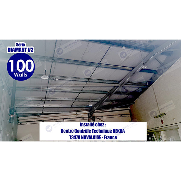 Lot de 10x Lampes industrielles Driverless - UFO - Série DIAMANT V2 - 150 Watts - 15 000 Lumens - 100 Lumens/Watt - Angle 90° - IP65 - 260 x 34 cm - 4500k - Protectionà l'impact IK08 - Câble 30cm