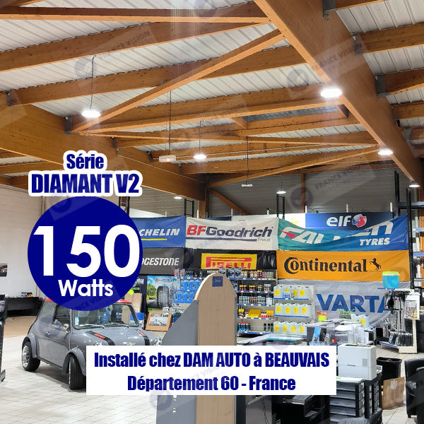Lot de 10x Lampes industrielles Driverless - UFO - Série DIAMANT V2 - 200 Watts - 20 000 Lumens - 100 Lumens/Watt - Angle 90° - IP65 - 260 x 34 cm - 4500k - Protection à l'impact IK08 - Câble 30cm