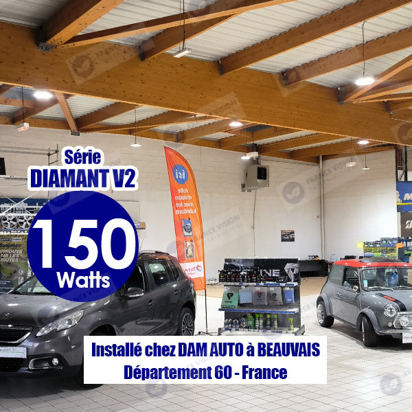Lot de 10x Lampes industrielles Driverless - UFO - Série DIAMANT V2 - 150 Watts - 15 000 Lumens - 100 Lumens/Watt - Angle 90° - IP65 - 260 x 34 cm - 4500k - Protectionà l'impact IK08 - Câble 30cm