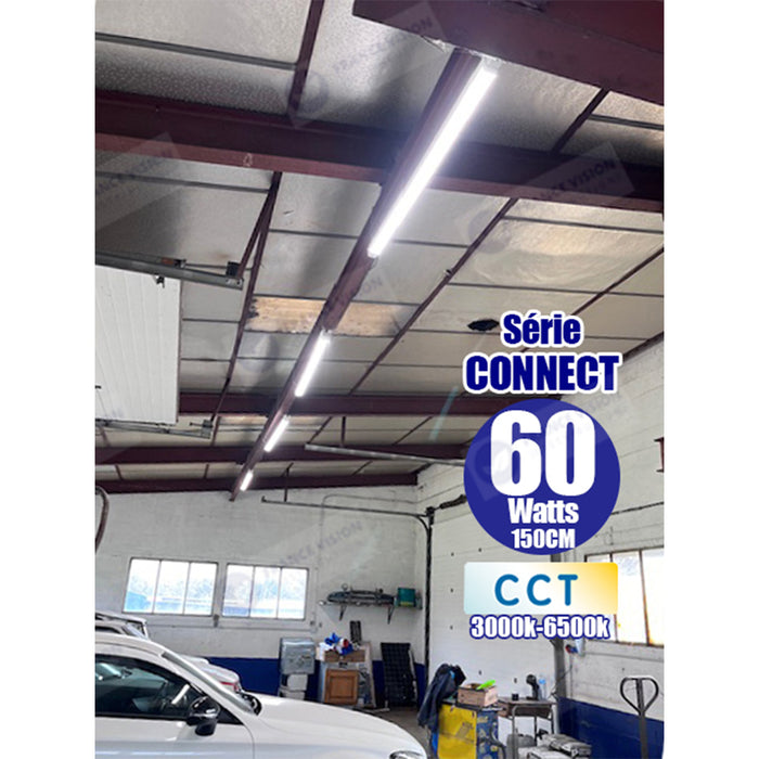Pack de 20x Reglettes LED étanches 150cm - Série CONNECT - CCT (Couleur Changeante en Température) - 60 Watts - 8400 Lumens - 140 Lumens/watt - 120°  - IP65 - 148 x 7 x 6 cm - Transformateur Flicker Free - Branchement en Série Possible - Garantie 3 ans