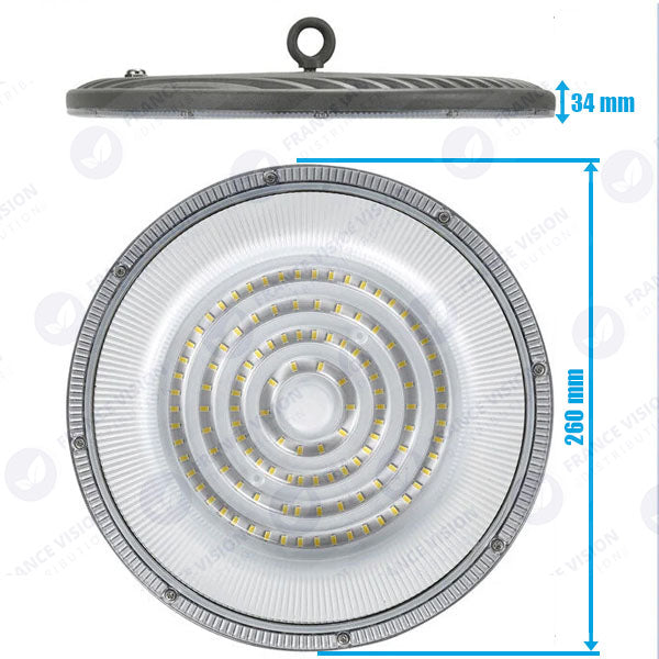 Lot de 10x Lampes industrielles Driverless - UFO - Série DIAMANT V2 - 150 Watts - 15 000 Lumens - 100 Lumens/Watt - Angle 90° - IP65 - 260 x 34 cm - 4500k - Protectionà l'impact IK08 - Câble 30cm