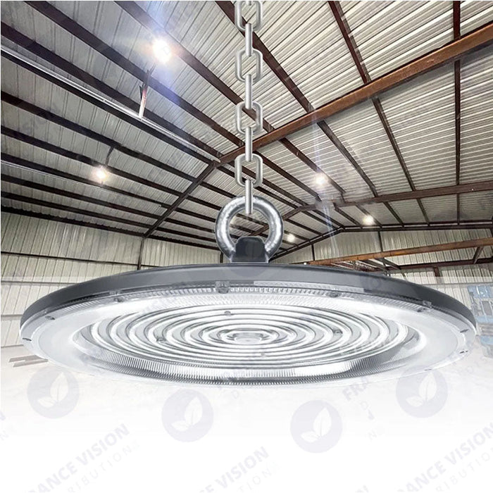 Lot de 10x Lampes industrielles Driverless - UFO - Série DIAMANT V2 - 200 Watts - 20 000 Lumens - 100 Lumens/Watt - Angle 90° - IP65 - 260 x 34 cm - 4500k - Protection à l'impact IK08 - Câble 30cm
