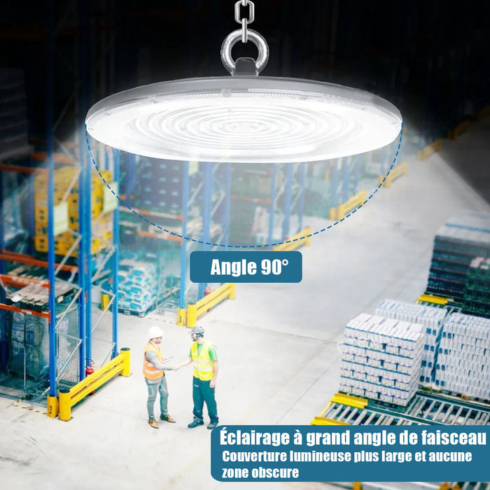 Lot de 10x Lampes industrielles Driverless - UFO - Série DIAMANT V2 - 200 Watts - 20 000 Lumens - 100 Lumens/Watt - Angle 90° - IP65 - 260 x 34 cm - 4500k - Protection à l'impact IK08 - Câble 30cm