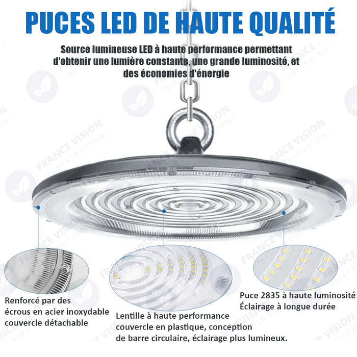 Lot de 10x Lampes industrielles Driverless - UFO - Série DIAMANT V2 - 200 Watts - 20 000 Lumens - 100 Lumens/Watt - Angle 90° - IP65 - 260 x 34 cm - 4500k - Protection à l'impact IK08 - Câble 30cm