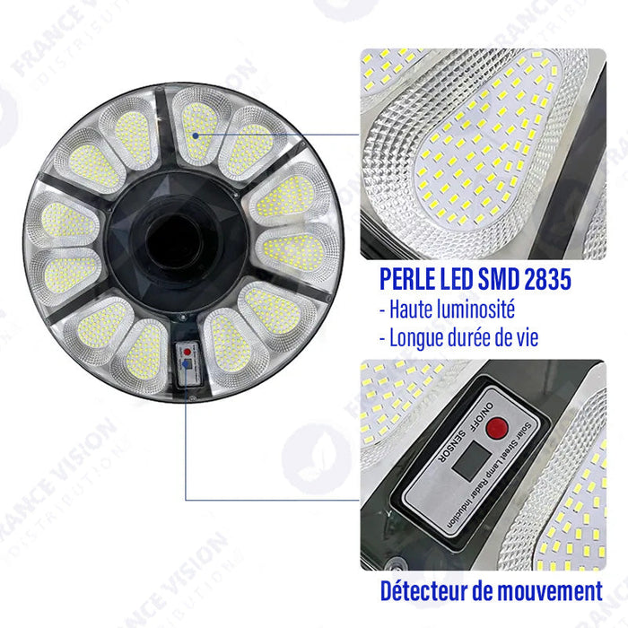 Lampe solaire pour extérieur - Série OVNI CRYSTAL - 250 Watts - 1500 Lumens - Angle 360° - IP65 -  Lampe 55 x 55 x 6 cm - Tube d'insertion 60/76 mm - Panneau polycristallin 36 x 42 cm - Détecteur de mouvement - Capteur crépusculaire - Télécommande - 3000k