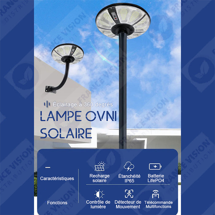 Lot de 5x Lampes solaires pour extérieur - Série OVNI CRYSTAL - 250 Watts - 1500 Lumens - Angle 360° - IP65 -  Lampe 55 x 55 x 6 cm - Tube d'insertion 60/76 mm - Panneau polycristallin 36 x 42 cm - Détecteur de mouvement - Télécommande - 3000k