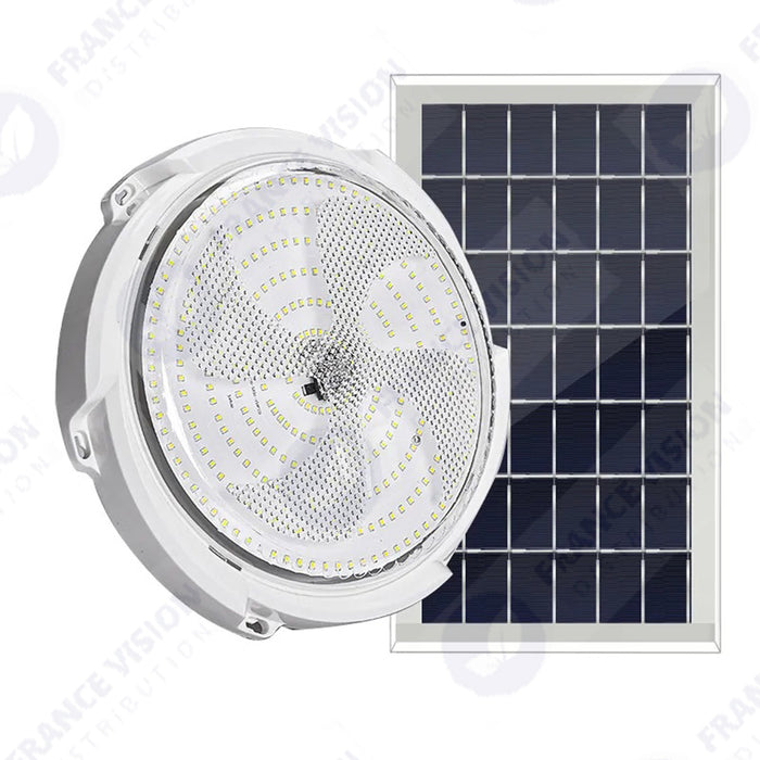 Double Plafonnier LED Solaire CCT (Couleur Changeante en Température ) - Rendu lumineux 200 Watts - Série HOME DOUBLE 200 – 2x 1100 Lumens - Lampe diamètre 36 cm - Panneau solaire 70 x 35 x 2 cm - IP65 - Avec télécommande multifonctions