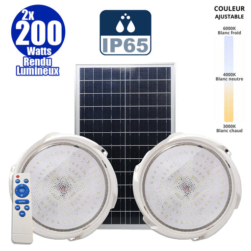 Double Plafonnier LED Solaire CCT (Couleur Changeante en Température ) - Rendu lumineux 200 Watts - Série HOME DOUBLE 200 – 2x 1100 Lumens - Lampe diamètre 36 cm - Panneau solaire 70 x 35 x 2 cm - IP65 - Avec télécommande multifonctions