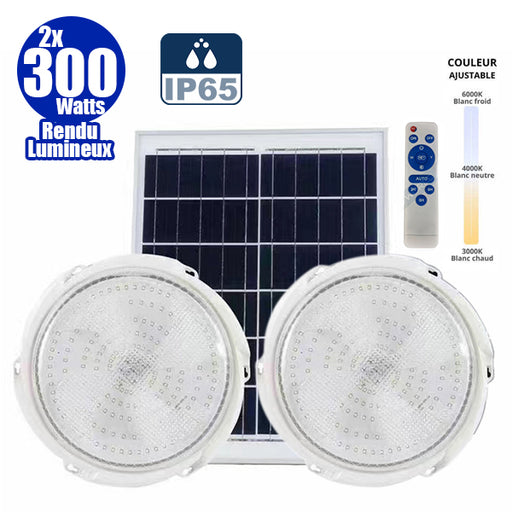 Double Plafonnier LED Solaire CCT (Couleur Changeante en Température ) - Rendu lumineux 200 Watts - Série HOME DOUBLE 200 – 2x 1100 Lumens - Lampe diamètre 36 cm - Panneau solaire 70 x 35 x 2 cm - IP65 - Avec télécommande multifonctions