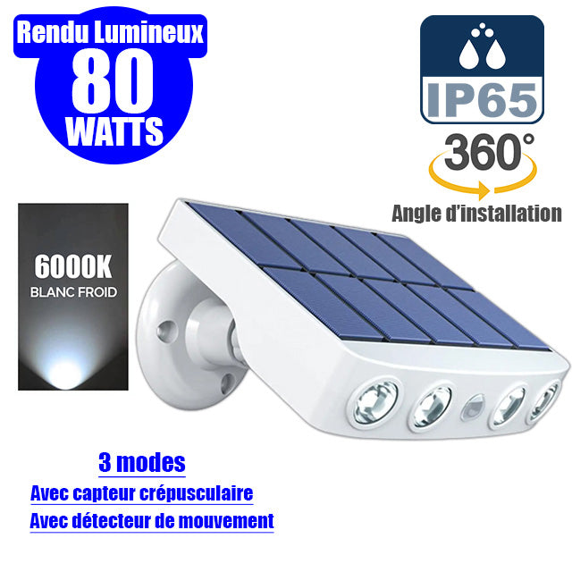 Projecteur / Lampe de sécurité solaire LED multifonctionnelles - Série HYPNOSE - Rendu lumineux 80 Watts - 600 Lumens - Multi angles d'installation 360° - IP65 - 14 x 11 x 3 cm - Détecteur de mouvement - 3 Modes - Modèle blanc - 6000k