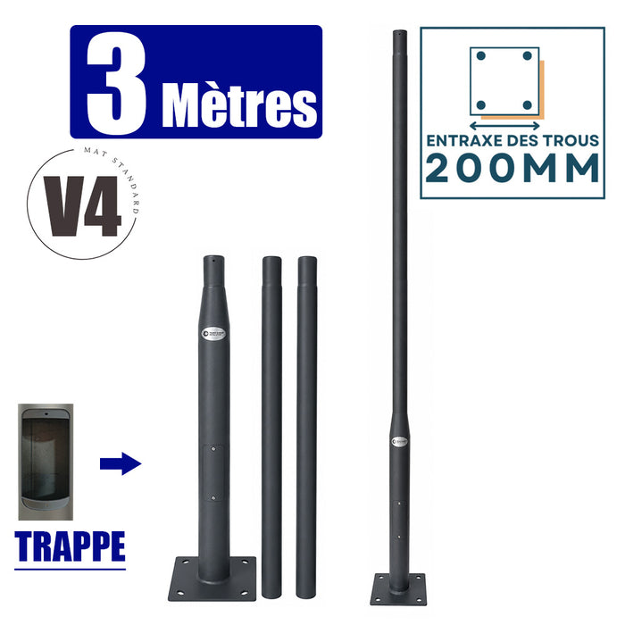 Mât / Poteau pour lampe de rue - Nouveau design - Série STANDARD V4 EVO avec TRAPPE - Vis antivol - 3 mètres - Entraxe latéral des trous 200mm - Couleur Gris foncé - RAL 7016 - Finition épurée