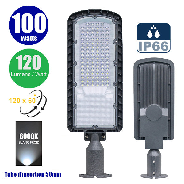 Lampe de rue filaire - Série FLEX ECO - 100 Watts - 12 000 Lumens - 120 Lumens/Watt - Angle 120 x 60° - IP66 - IK08 - 573 x 190 x 70mm - Tube d'insertion 50mm - 6000k