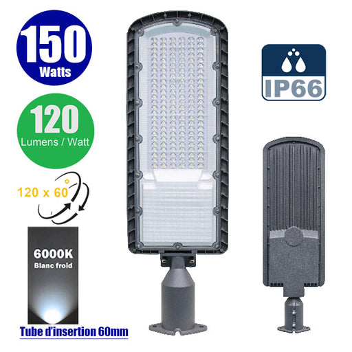 Lampe de rue filaire - Série FLEX ECO - 150 Watts - 18 000 Lumens - 120 Lumens/Watt - Angle 120 x 60° - IP66 - IK08 - 665 x 210 x 80mm - Tube d'insertion 60mm - 6000k