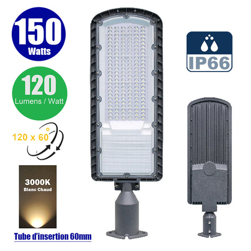 Lampe de rue filaire - Série FLEX ECO - 150 Watts - 18 000 Lumens - 120 Lumens/Watt - Angle 120 x 60° - IP66 - IK08 - 665 x 210 x 80mm - Tube d'insertion 60mm - 3000k