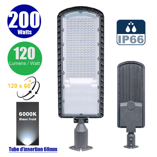 Lampe de rue filaire - Série FLEX ECO - 200 Watts - 24 000 Lumens - 120 Lumens/Watt - Angle 120 x 60° - IP66 - IK08 - 715 x 230 x 80mm - Tube d'insertion 60mm - 6000k