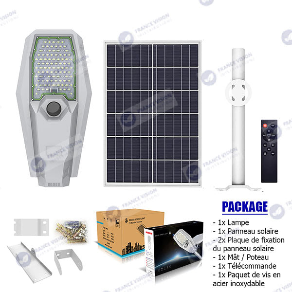 Lot de 3x Lampes de rue solaire - Série INTERSTELLAR ULTRA - 400 Watts - 3100 Lumens - Angle 150x70° - IP65 - Lampe 62 x 30 x 8 cm - Controleur intelligent - Avec télecommande - Capteur PIR - 4000k - Support inclus - Capteur crépusculaire