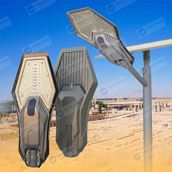 Lampe de rue solaire - Série INTERSTELLAR ELITE PIR - 800 Watts - 5600 Lumens - Angle 150*70° - IP66 - Lampe 75 x 34 x 10 cm - Panneau MONO 67 x 45 x 3 cm - Contrôleur intelligent - Télécommande - Support inclus - Détecteur de mouvement - 6000k