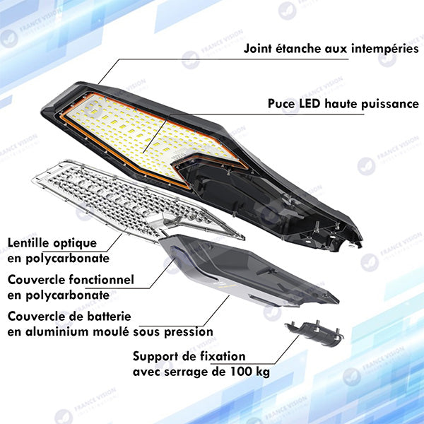 Lampe de rue solaire - Série INTERSTELLAR ELITE PIR - 800 Watts - 5600 Lumens - Angle 150*70° - IP66 - Lampe 75 x 34 x 10 cm - Panneau MONO 67 x 45 x 3 cm - Contrôleur intelligent - Télécommande - Support inclus - Détecteur de mouvement - 6000k