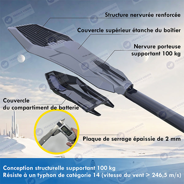 Lampe de rue solaire - Série INTERSTELLAR ELITE PIR - 800 Watts - 5600 Lumens - Angle 150*70° - IP66 - Lampe 75 x 34 x 10 cm - Panneau MONO 67 x 45 x 3 cm - Contrôleur intelligent - Télécommande - Support inclus - Détecteur de mouvement - 6000k