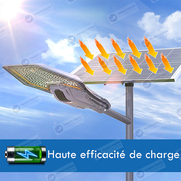 Lampe de rue solaire - Série INTERSTELLAR ELITE PIR - 800 Watts - 5600 Lumens - Angle 150*70° - IP66 - Lampe 75 x 34 x 10 cm - Panneau MONO 67 x 45 x 3 cm - Contrôleur intelligent - Télécommande - Support inclus - Détecteur de mouvement - 6000k