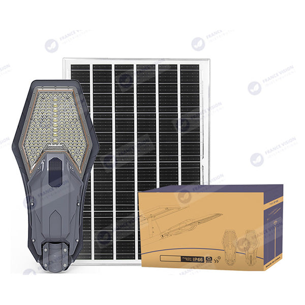 Lampe de rue solaire - Série INTERSTELLAR ELITE PIR - 800 Watts - 5600 Lumens - Angle 150*70° - IP66 - Lampe 75 x 34 x 10 cm - Panneau MONO 67 x 45 x 3 cm - Contrôleur intelligent - Télécommande - Support inclus - Détecteur de mouvement - 6000k
