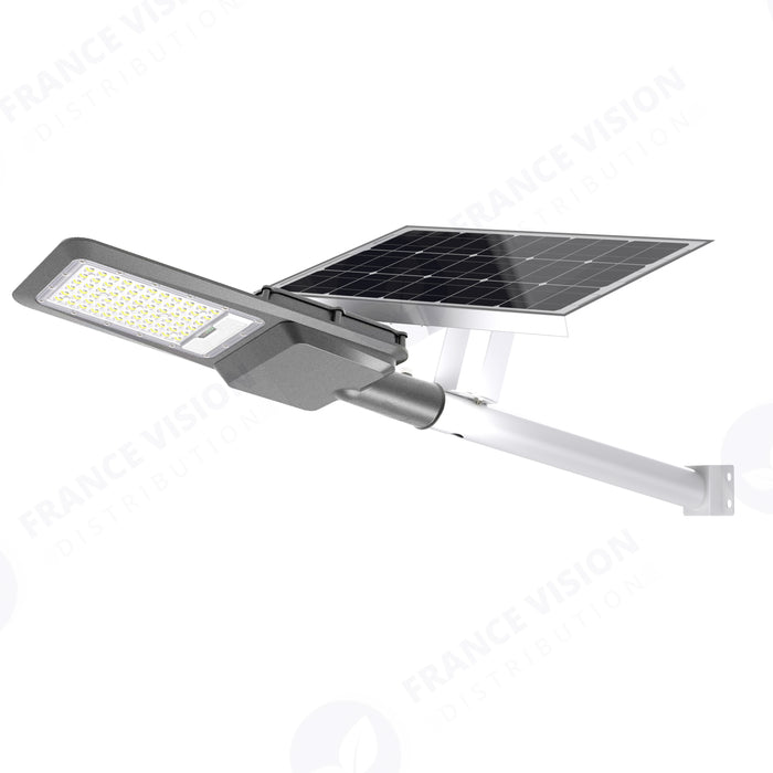 Lampe de rue solaire - Série INTERSTELLAR EVO - 1000 Watts - 6200 Lumens - Angle 140x70° - IP65 - Lampe 50 x 21 x 9 cm - Panneau MONOCRISTALLIN 63 x 39 x 2 cm - Avec télécommande - Capteur crépusculaire - 6000k - Structure ALUMINIUM