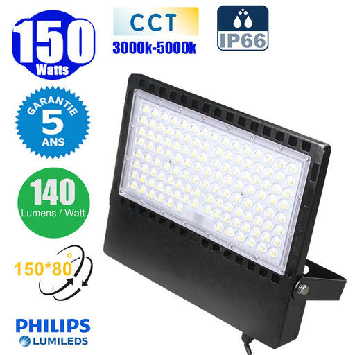 Projecteur LED filaire CCT (Couleur Changeante en Température) - Série CITY PLUS ULTRA - 150 Watts - 22 500 Lumens - 150 Lumens/Watt - Angle 150 x 80° - IP66 - IK08 - 40 x 31 x 5 cm - Support ajustable 270° - Câble 50cm - Garantie 5 ans