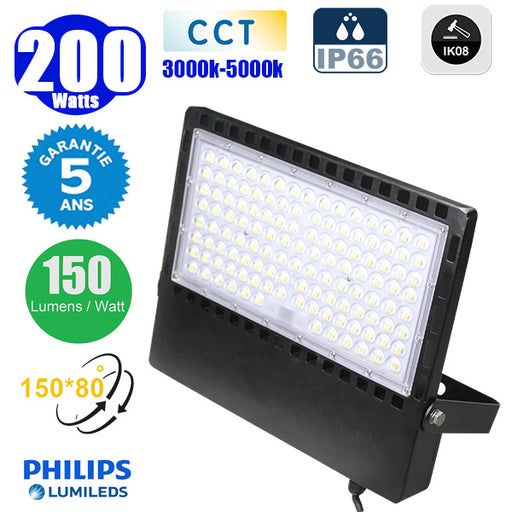 Projecteur LED CCT (Couleur Changeante en Température) - Série CITY PLUS ULTRA - 200 Watts - 30 000 Lumens - 150 Lumens/Watt - Angle 150*80° - IP66 - IK08 - 40 x 31 x 5 cm - Support ajustable 270° - Câble 50cm - Garantie 5 ans