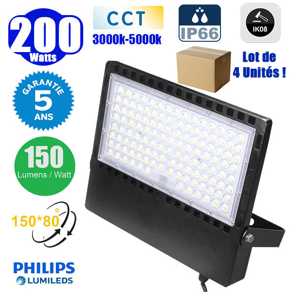 Lot de 4x Projecteurs LED CCT (Couleur Changeante en Température) - Série CITY PLUS ULTRA - 200 Watts - 30 000 Lumens - 150 Lumens/Watt - Angle 150*80° - IP66 - IK08 - 40 x 31 x 5 cm - Support ajustable 270° - Câble 50cm - Garantie 5 ans