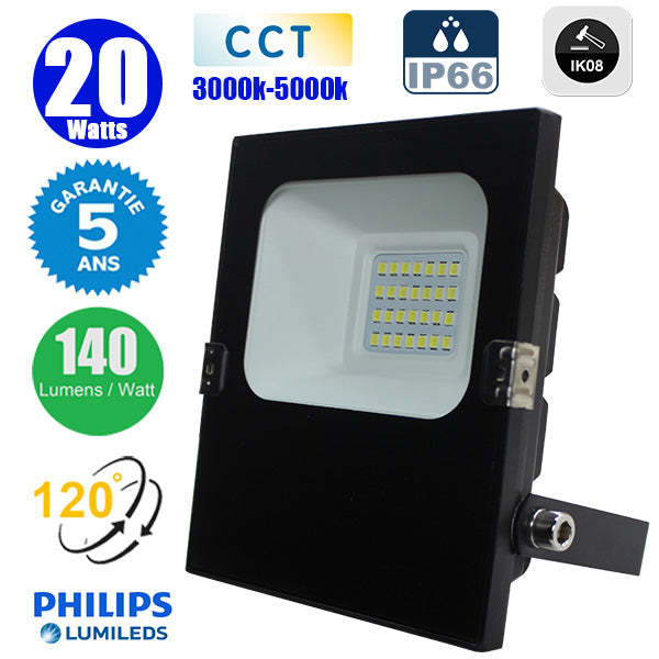 Projecteur LED CCT (Couleur Changeante en Température) - Série CITY PLUS ULTRA - 20 Watts - 2800 Lumens - 140 Lumens/Watt - Angle 120° - IP66 - IK08 - 13 x 11 x 4 cm - Support ajustable 270° - Câble 50cm - Garantie 5 ans