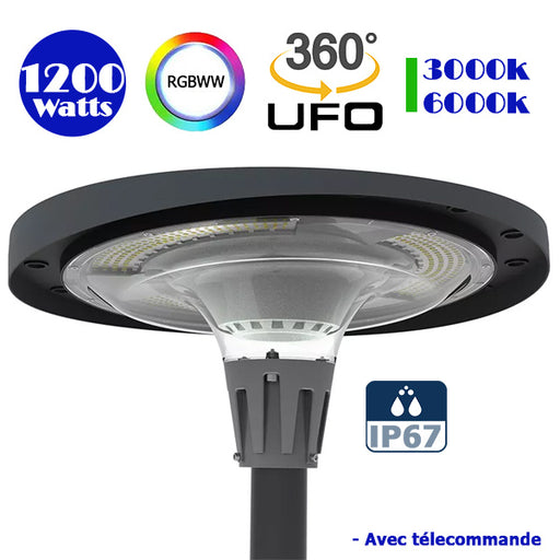 Lampe LED solaire  - Série OVNI FUTUR - RGBWW - Type UFO - 1200 Watts - 2800 lumens - Panneau Monocristallin - Angle 360° - Diamètre tube d'insertion 76 mm - Télécommande - Couleur 3000K / 6000K / RGB