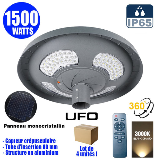 Lot de 4x Lampes solaires pour extérieur - Série OVNI FUTUR V2 - 1500 Watts - 3200 Lumens - Angle 360° - IP65 - 61 x 19 cm - Tube d'insertion 76 mm - Structure en aluminium - Capteur crépusculaire - Télécommande multifonctions - 3000k