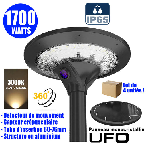 Lot de 4x Lampes d'extérieur solaires - Série OVNI EVO - 1700 watts - 5100 Lumens - Angle 360° - IP65 - 54 x 20 cm - Panneau solaire monocristallin - Structure aluminium - Tube d'insertion 76mm - Détecteur de mouvement - 3000k