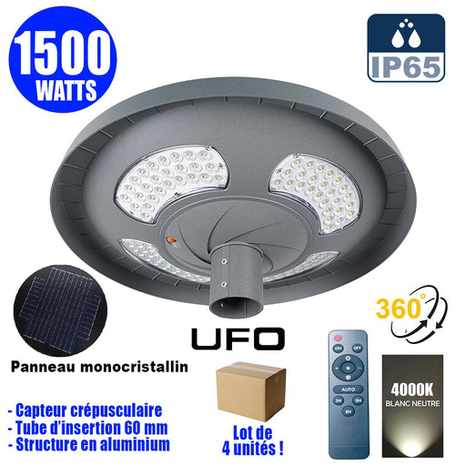 Lot de 4x Lampes solaires pour extérieur - Série OVNI FUTUR V2 - 1500 Watts - 3200 Lumens - Angle 360° - IP65 - 61 x 19 cm - Tube d'insertion 76 mm - Structure en aluminium - Capteur crépusculaire - Télécommande multifonctions - 4000k