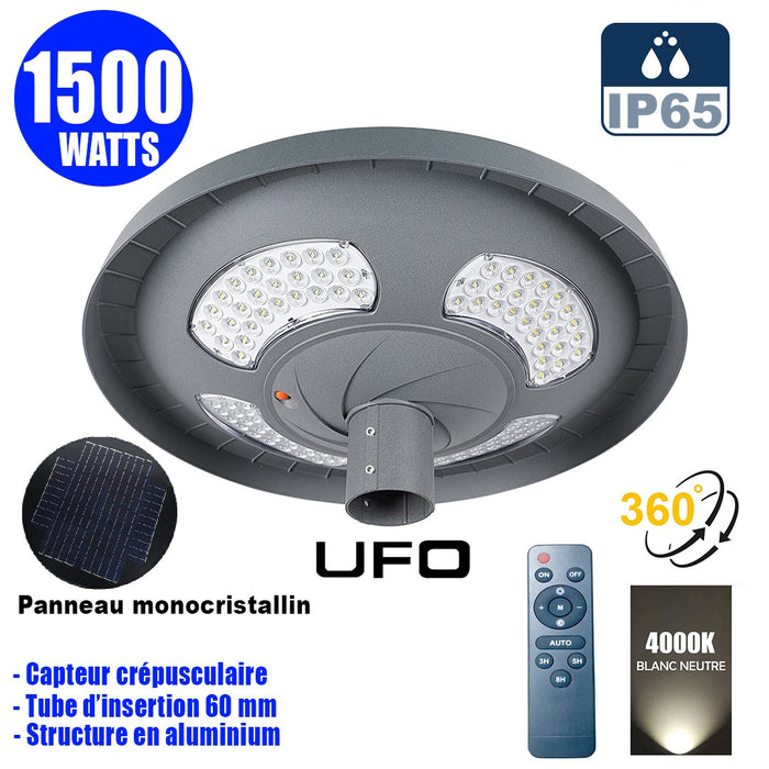 Lampe solaire pour extérieur - série OVNI FUTUR V2 - 1500 Watts - 3200 Lumens - Angle 360° - IP65 - 61 x 19 cm - Tube d'insertion 76 mm - Structure en aluminium - Capteur crépusculaire - Télécommande multifonctions - 4000k