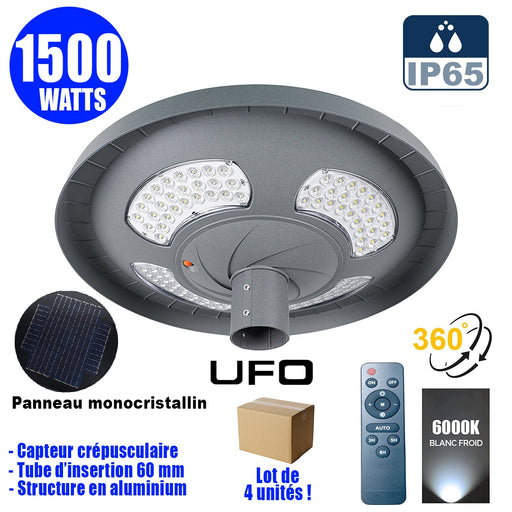 Lot de 4x Lampes solaires pour extérieur - Série OVNI FUTUR V2 - 1500 Watts - 3200 Lumens - Angle 360° - IP65 - 61 x 19 cm - Tube d'insertion 76 mm - Structure en aluminium - Capteur crépusculaire - Télécommande multifonctions - 6000k