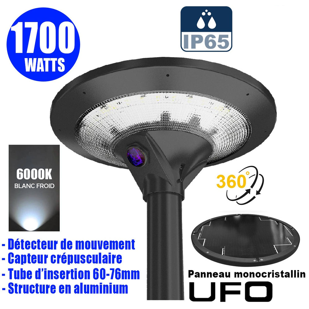 Lampe d'extérieur solaire - Série OVNI EVO - 1700 watts - 5100 Lumens - Angle 360° - IP65 - 54 x 20 cm - Panneau solaire monocristallin - Structure aluminium - Tube d'insertion 76mm - Détecteur de mouvement - Capteur crépusculaire - 6000k