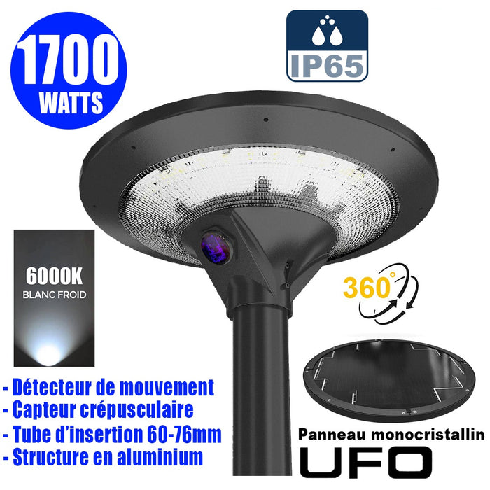 Lampe d'extérieur solaire - Série OVNI EVO - 1700 watts - 5100 Lumens - Angle 360° - IP65 - 54 x 20 cm - Panneau solaire monocristallin - Structure aluminium - Tube d'insertion 76mm - Détecteur de mouvement - Capteur crépusculaire - 6000k